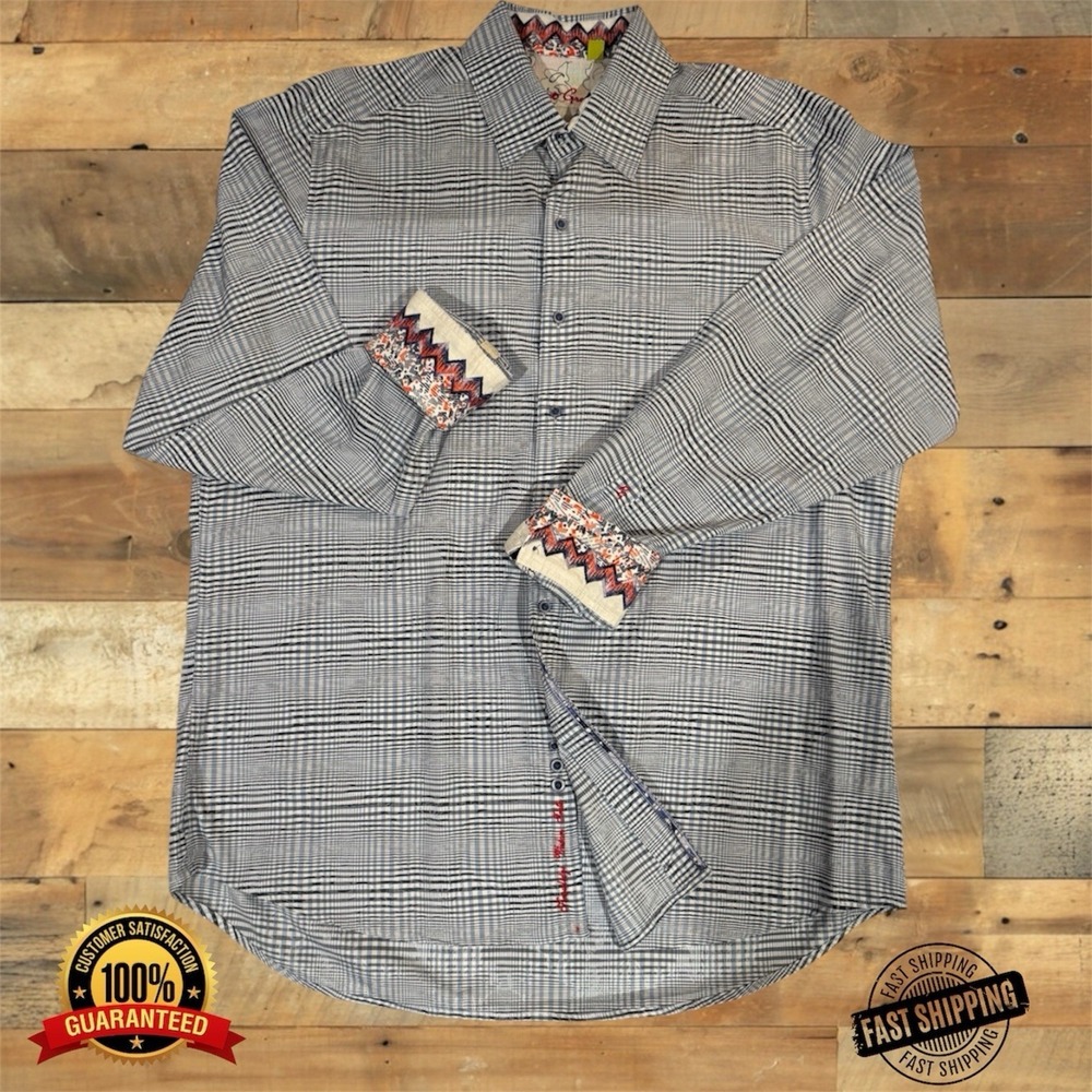 Robert Graham Men's Flip Cuff Shirt Blue Plaid Paisley Woven, Big‎ & Tall, 2XLT